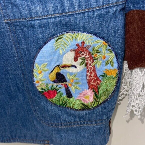 Lee Set Vintage Womens Blazer Size Large Upcycled Denim Patch Embroidered Lace - Picture 12 of 16